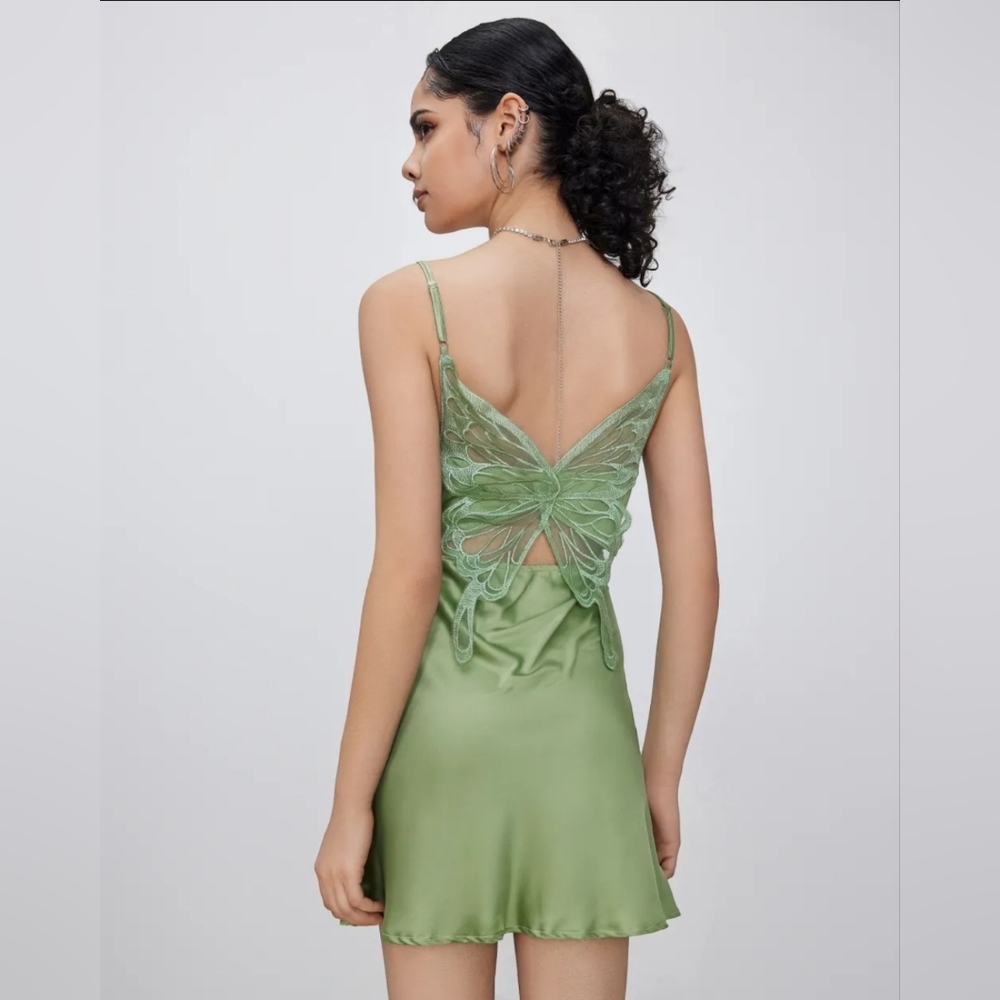 Cider green satin butterfly mini dress